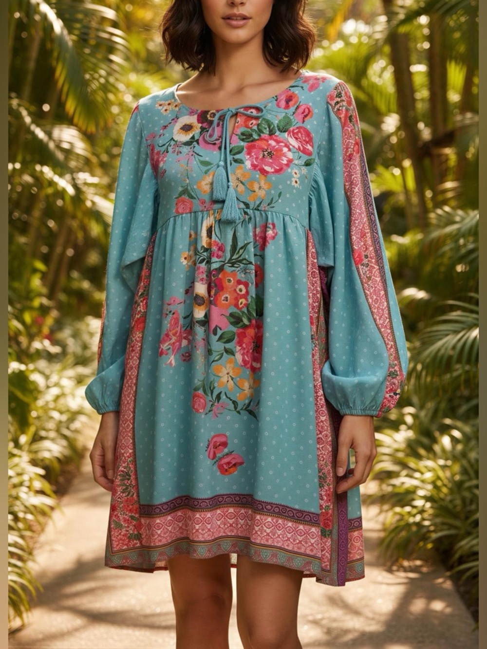 Umgee Boho Mixed Floral Print Babydoll Dress Teal Tassel Long Sleeve Ocean Large - Picture 15 of 16